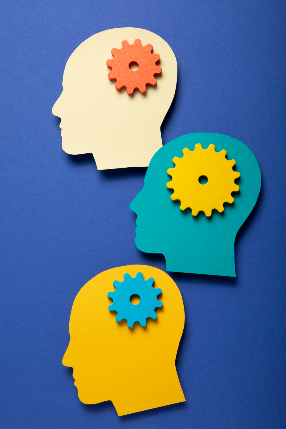 Illustration of three heads with turning gears